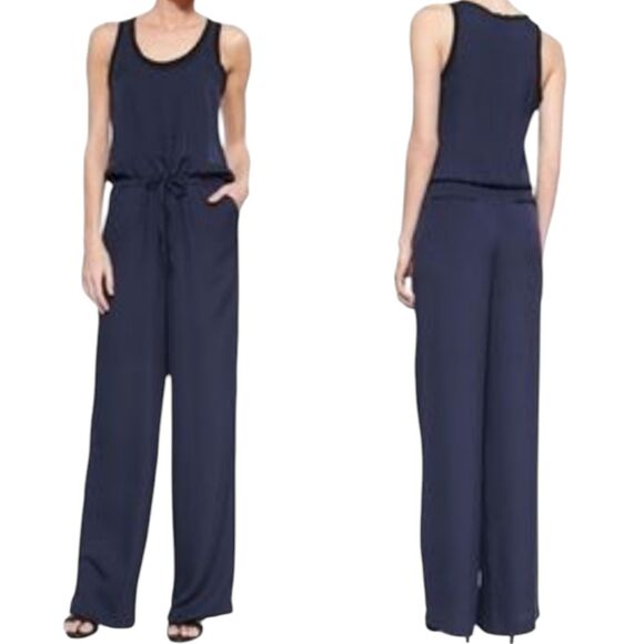 Theory Jumpsuit Womens 6 Navy Silk Sleeveless Tie Front Straight Leg Relaxed Fit - Picture 2 of 14